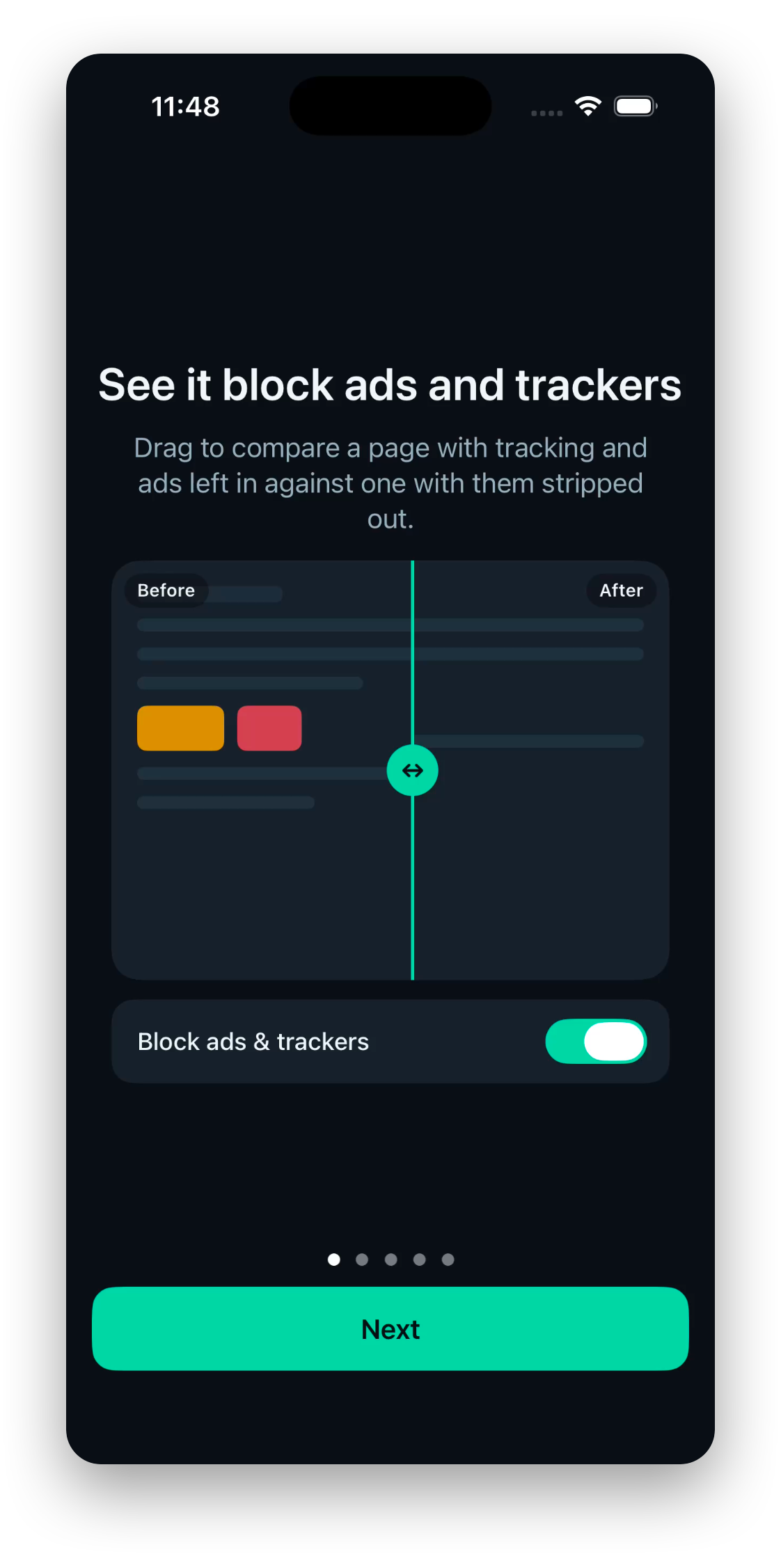 Nivaro screen showing a before-and-after comparison of a page with ads blocked