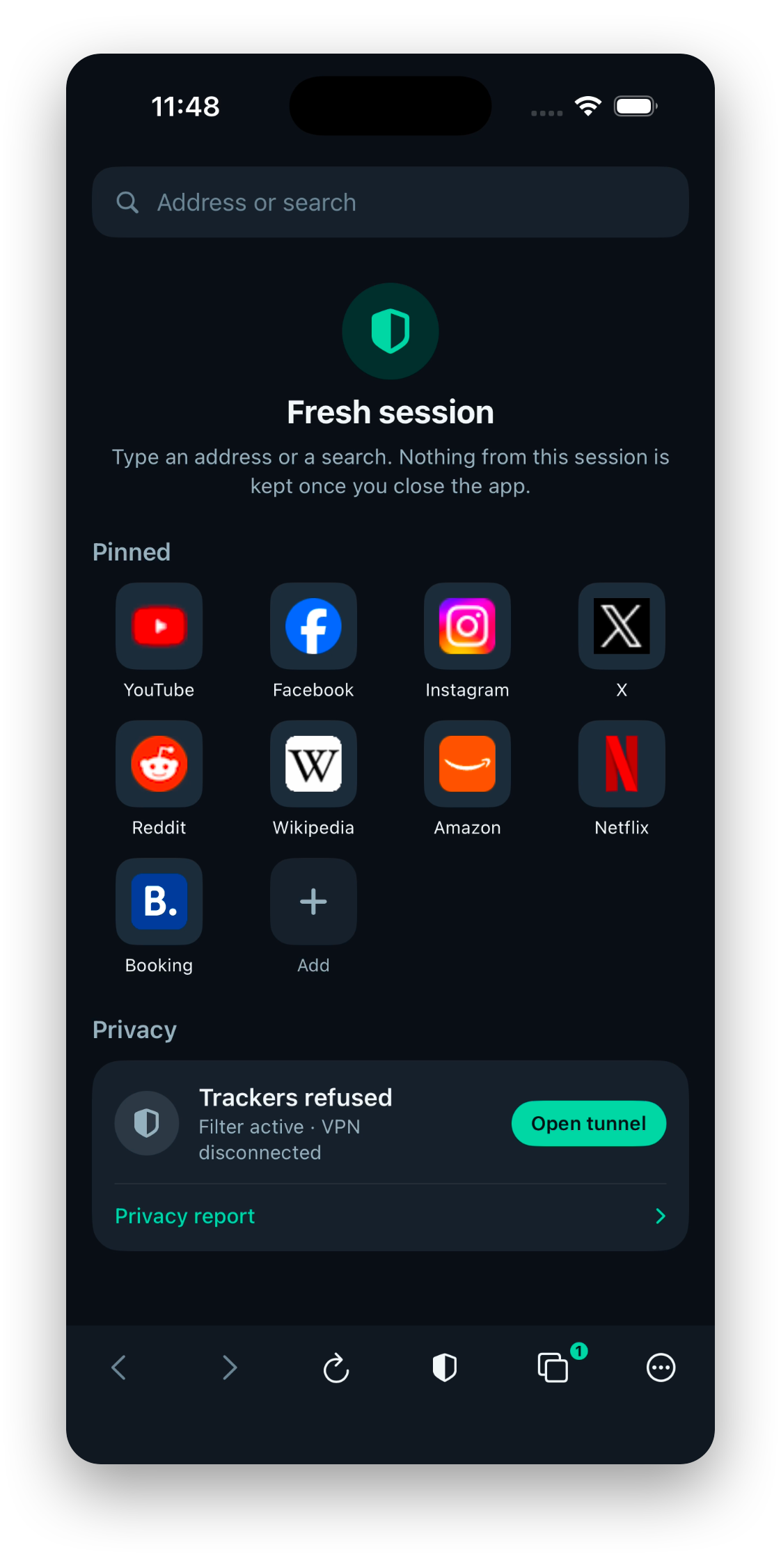 Nivaro fresh session home screen with pinned sites