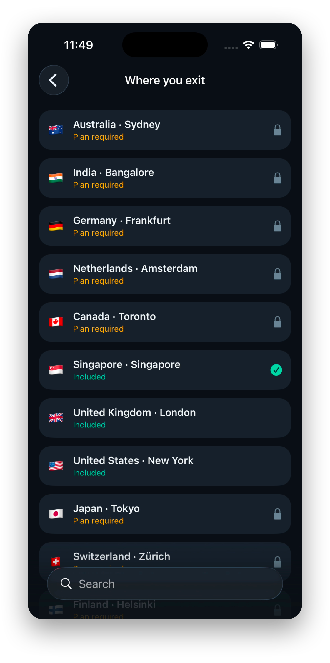 Nivaro exit location list showing included and plan-required cities